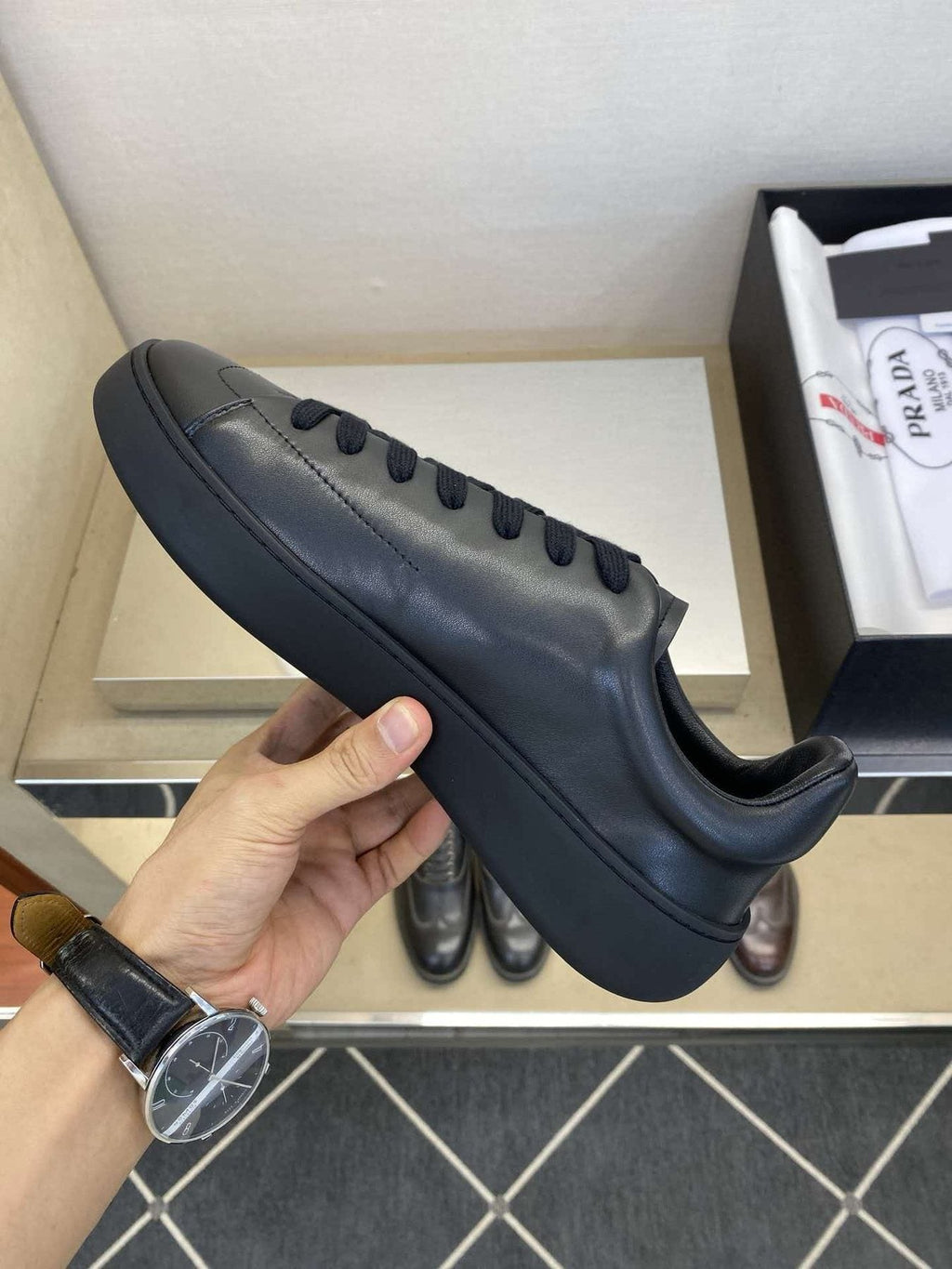 Prada Black Lace-Up Low-Top Sneakers — side