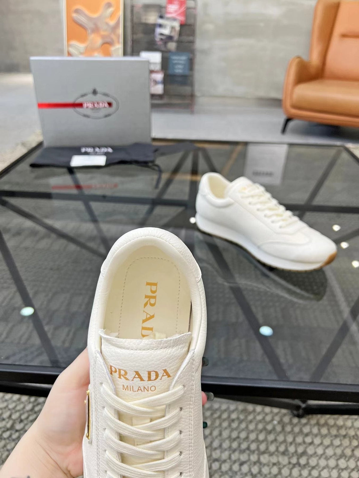 Prada White Beige Low-Top Sneakers — label