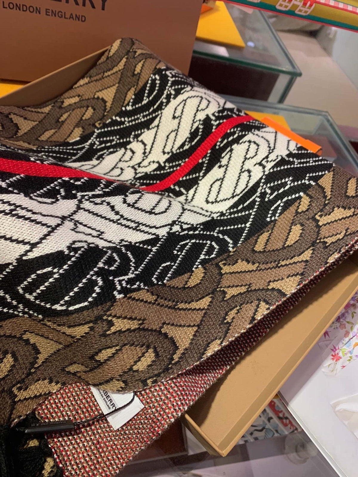 Burberry TB Monogram Fringed Scarf — detail