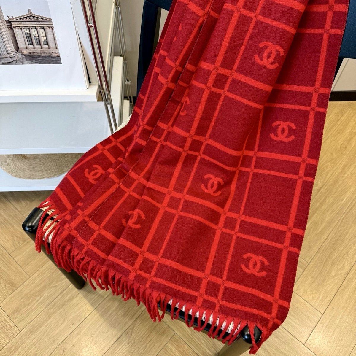 Chanel Burgundy Red Logo Check Scarf — detail