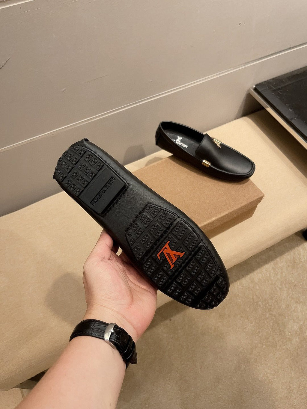 Louis Vuitton Black Pebbled Leather Loafers — detail
