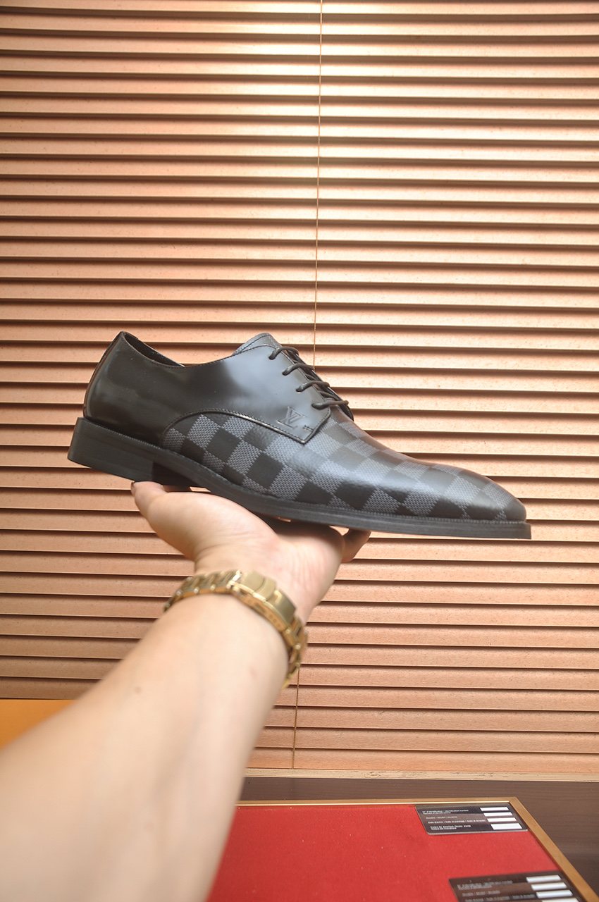 Louis Vuitton Black & Gray Checkerboard Lace-Up Dress Shoes — side