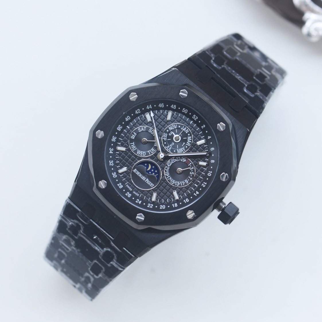 Audemars Piguet Black Chronograph Metal Bracelet Watch — front