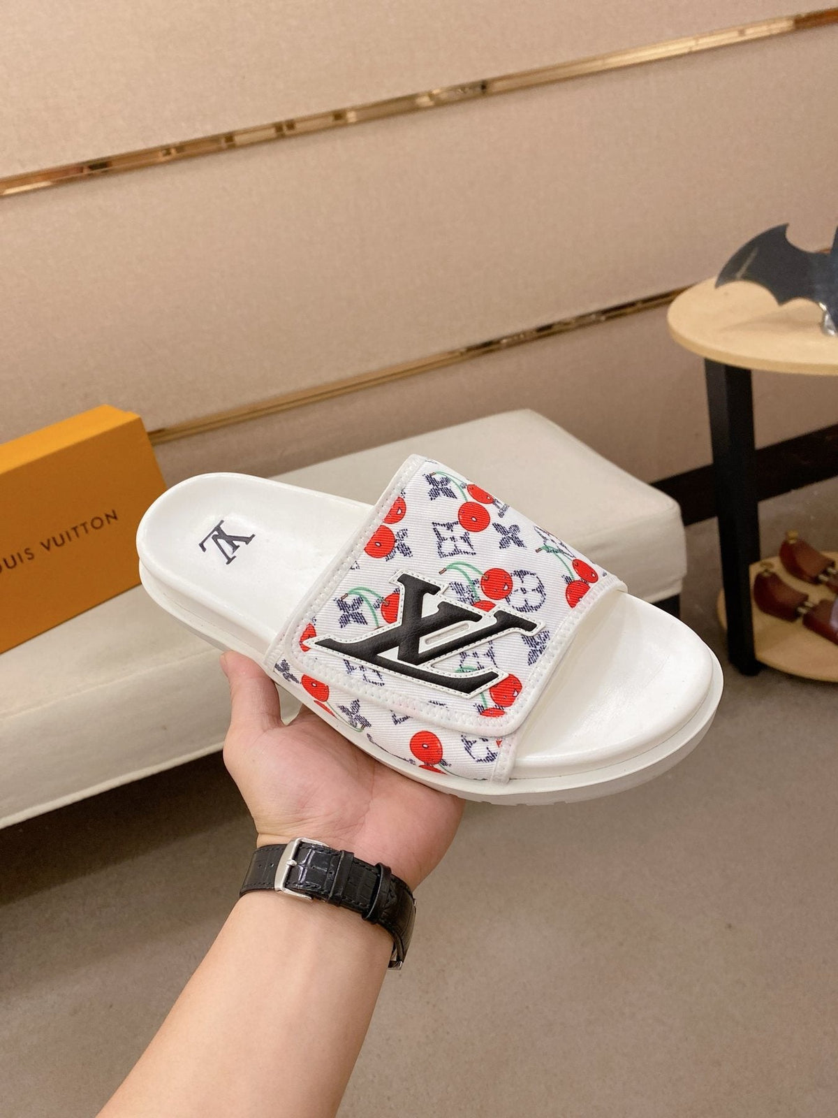 Louis Vuitton Graphic Print Slide Sandals — model