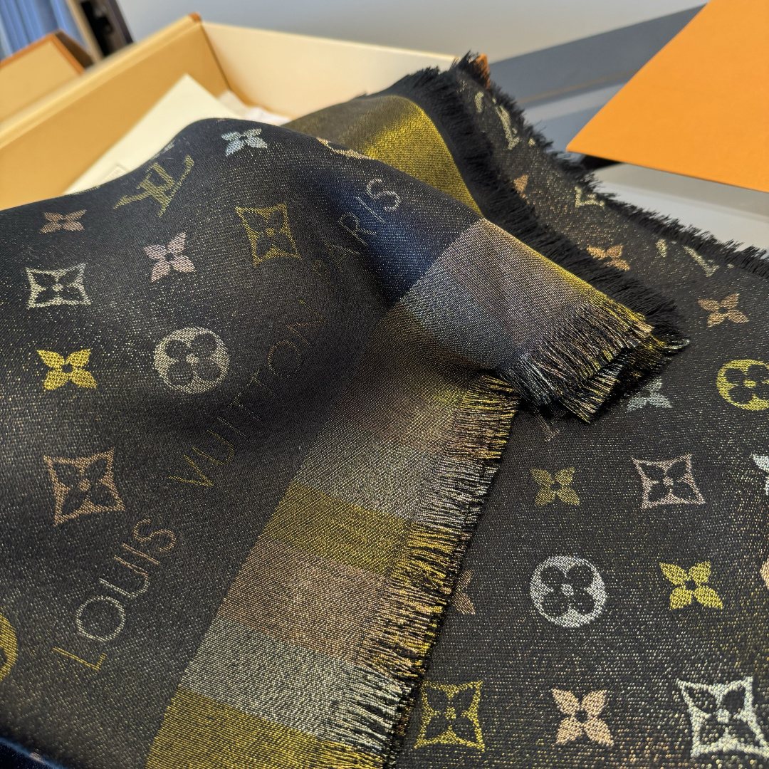 Louis Vuitton Charcoal Gold Monogram Fringed Shawl — detail