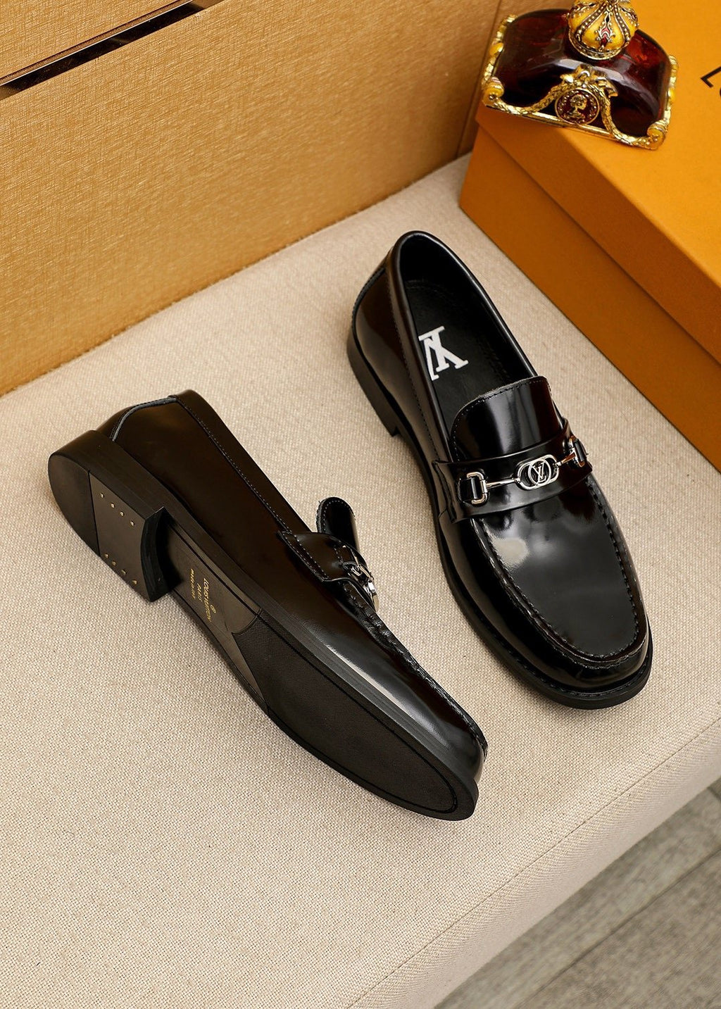 Louis Vuitton Black Leather Buckle Loafers — front