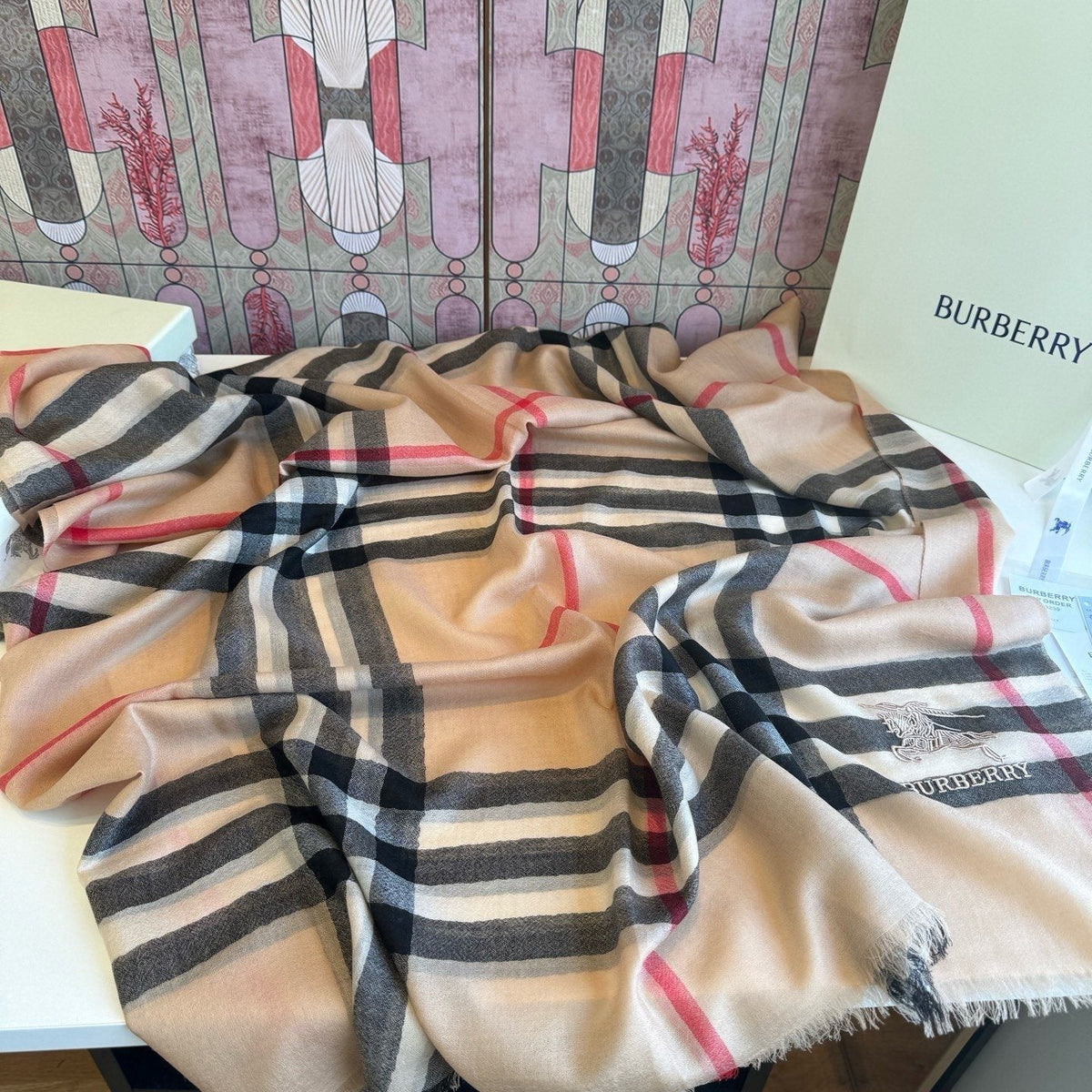 Burberry Beige Plaid Cashmere Scarf — side