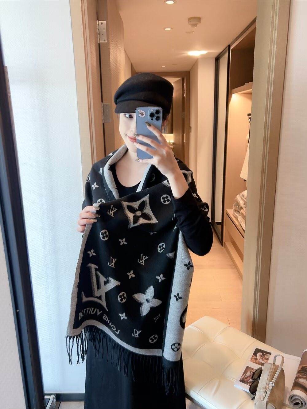 Louis Vuitton Fringed Monogram Scarf — model