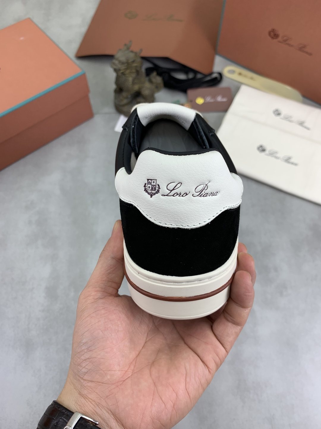 微商相册测试鞋子-Loro Piana Contrast Stripe Low-Top Sneakers — model